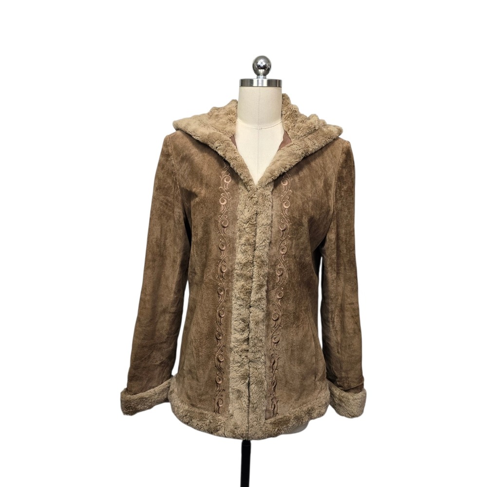 Esprit Brown Genuine Leather Hooded Jacket Faux Fur Trim Embroidered Womens Med‎